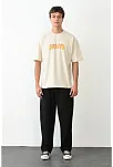 Unisex Bisiklet Yaka Baskılı Oversize T-shirt - Beyaz