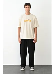 Unisex Bisiklet Yaka Baskılı Oversize T-shirt - Beyaz