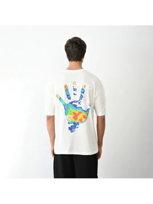 Unisex Bisiklet Yaka Baskılı Oversize T-shirt - Beyaz Unisex Bisiklet Yaka Baskılı Oversize T-shirt - Beyaz