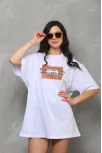 Unisex Bisiklet Yaka Baskılı Oversize T-shirt - Beyaz