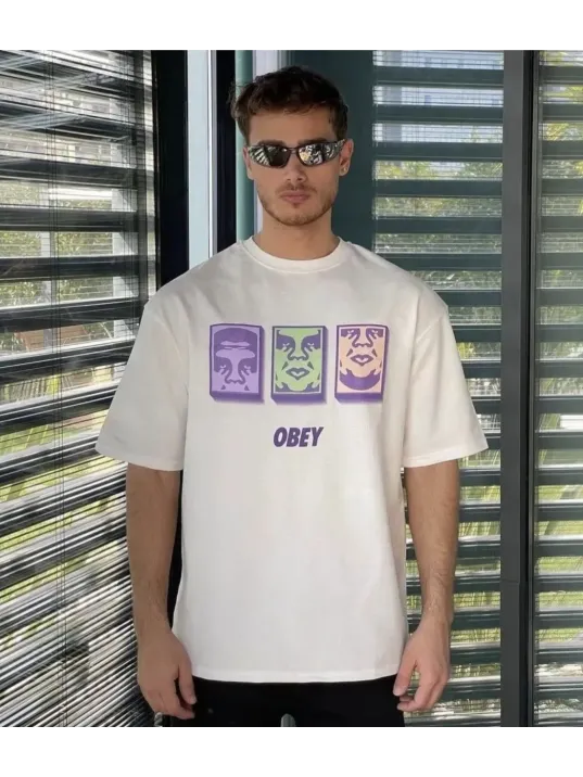 Unisex Bisiklet Yaka Baskılı Oversize T-shirt - Beyaz