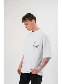 Unisex Bisiklet Yaka Baskılı Oversize T-shirt - Beyaz