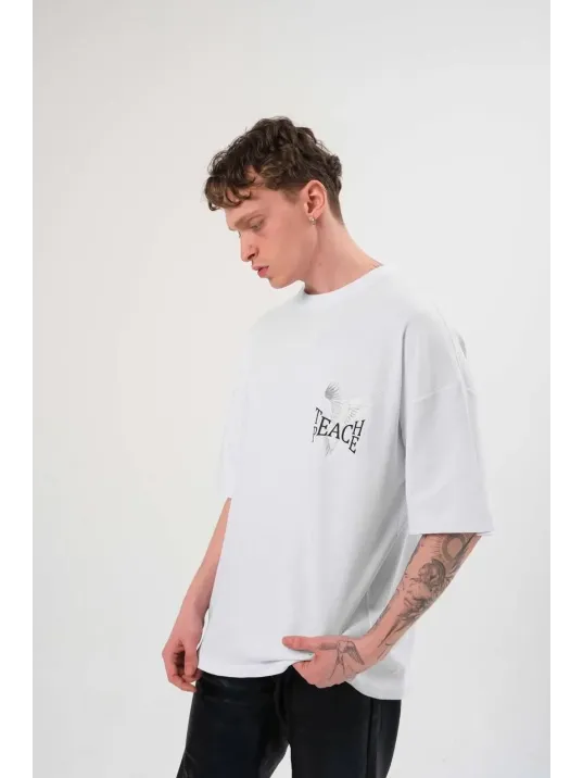 Unisex Bisiklet Yaka Baskılı Oversize T-Shirt - Beyaz Unisex Bisiklet Yaka Baskılı Oversize T-Shirt - Beyaz