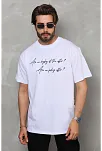 Unisex Bisiklet Yaka Baskılı Oversize T-shirt - Beyaz