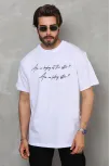 Unisex Bisiklet Yaka Baskılı Oversize T-shirt - Beyaz