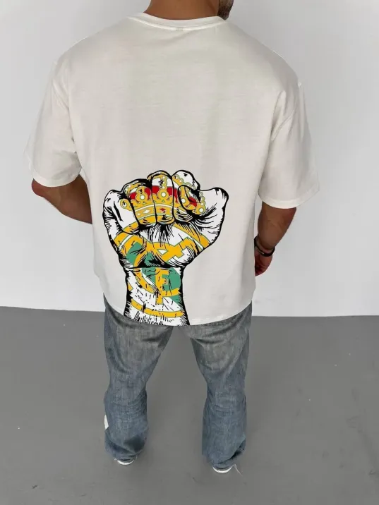 Unisex Bisiklet Yaka Baskılı Oversize T-Shirt - Beyaz Unisex Bisiklet Yaka Baskılı Oversize T-Shirt - Beyaz