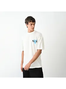 Unisex Bisiklet Yaka Baskılı Oversize T-shirt - Beyaz