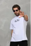 Unisex Bisiklet Yaka Baskılı Oversize T-shirt - Beyaz
