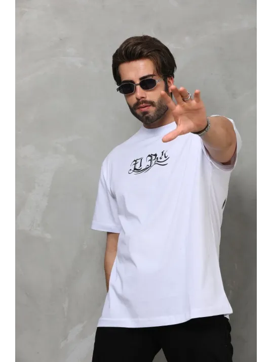 Unisex Bisiklet Yaka Baskılı Oversize T-Shirt - Beyaz Unisex Bisiklet Yaka Baskılı Oversize T-Shirt - Beyaz