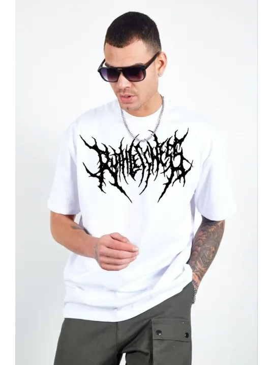 Unisex Bisiklet Yaka Baskılı Oversize T-Shirt - Beyaz Unisex Bisiklet Yaka Baskılı Oversize T-Shirt - Beyaz