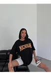 Unisex Bisiklet Yaka Baskılı Oversize T-shirt - Siyah