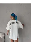 Unisex Bisiklet Yaka Baskılı Oversize T-shirt - Beyaz