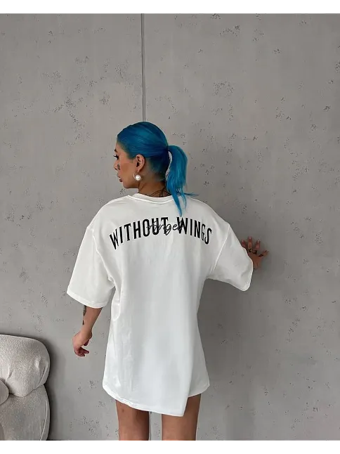 Unisex Bisiklet Yaka Baskılı Oversize T-shirt - Beyaz
