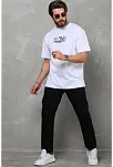 Unisex Bisiklet Yaka Baskılı Oversize T-shirt - Beyaz