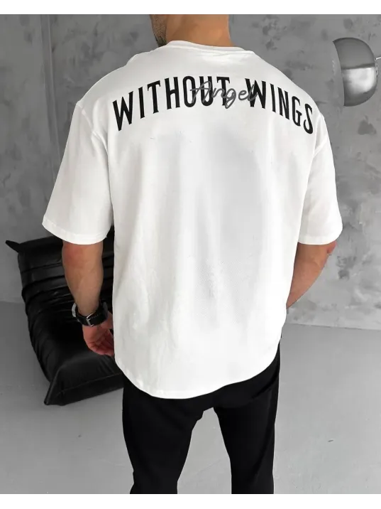 Unisex Bisiklet Yaka Baskılı Oversize T-Shirt - Beyaz Unisex Bisiklet Yaka Baskılı Oversize T-Shirt - Beyaz