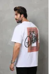 Unisex Bisiklet Yaka Baskılı Oversize T-shirt - Beyaz