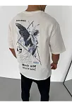 Unisex Bisiklet Yaka Baskılı Oversize T-shirt - Beyaz