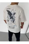 Unisex Bisiklet Yaka Baskılı Oversize T-shirt - Beyaz