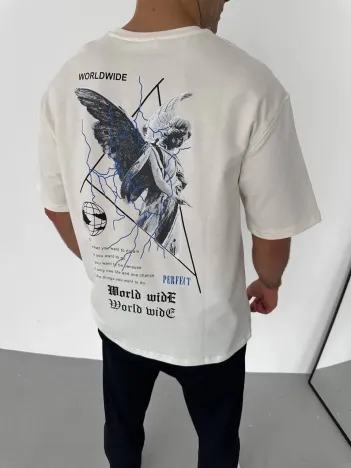 Unisex Bisiklet Yaka Baskılı Oversize T-Shirt - Beyaz Unisex Bisiklet Yaka Baskılı Oversize T-Shirt - Beyaz