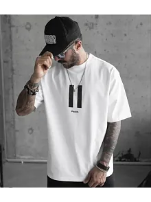 Unisex Bisiklet Yaka Baskılı Oversize T-shirt - Beyaz