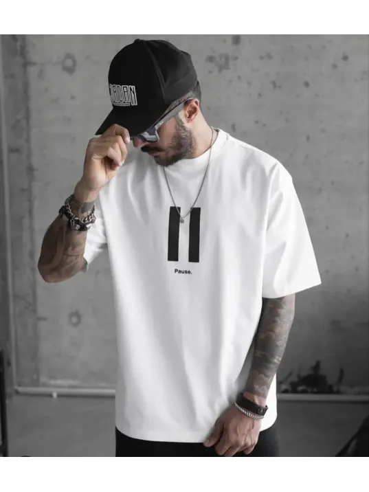 Unisex Bisiklet Yaka Baskılı Oversize T-Shirt - Beyaz Unisex Bisiklet Yaka Baskılı Oversize T-Shirt - Beyaz