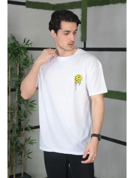 Unisex Bisiklet Yaka Baskılı Oversize T-Shirt - Beyaz