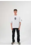 Unisex Bisiklet Yaka Baskılı Oversize T-shirt - Beyaz