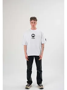 Unisex Bisiklet Yaka Baskılı Oversize T-shirt - Beyaz