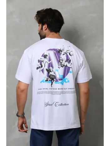 Unisex Bisiklet Yaka Baskılı Oversize T-shirt - Beyaz Unisex Bisiklet Yaka Baskılı Oversize T-shirt - Beyaz