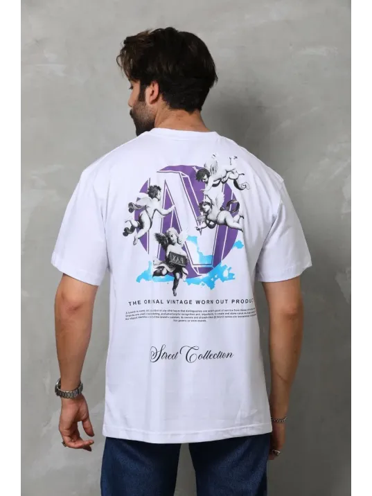 Unisex Bisiklet Yaka Baskılı Oversize T-shirt - Beyaz