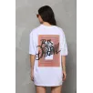 Unisex Bisiklet Yaka Baskılı Oversize T-Shirt - Beyaz