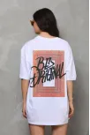 Unisex Bisiklet Yaka Baskılı Oversize T-shirt - Beyaz