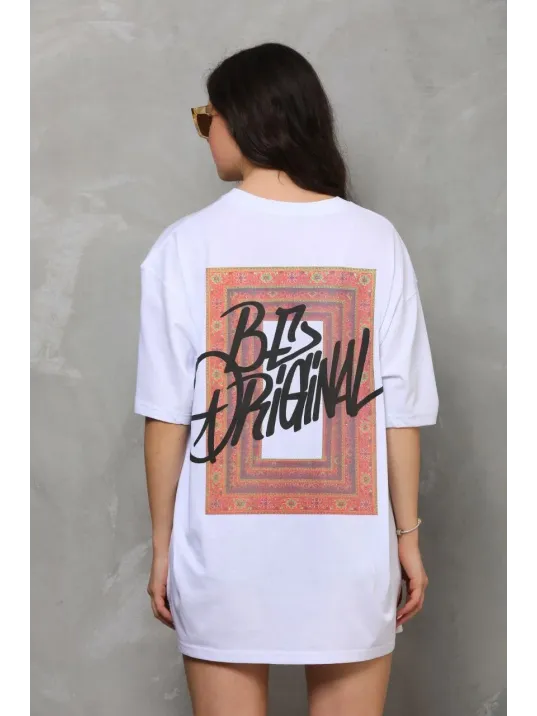 Unisex Bisiklet Yaka Baskılı Oversize T-Shirt - Beyaz