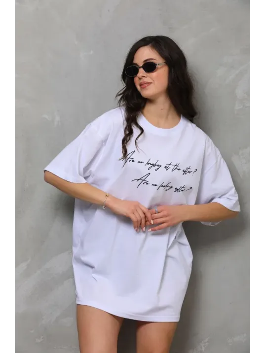 Unisex Bisiklet Yaka Baskılı Oversize T-shirt - Beyaz