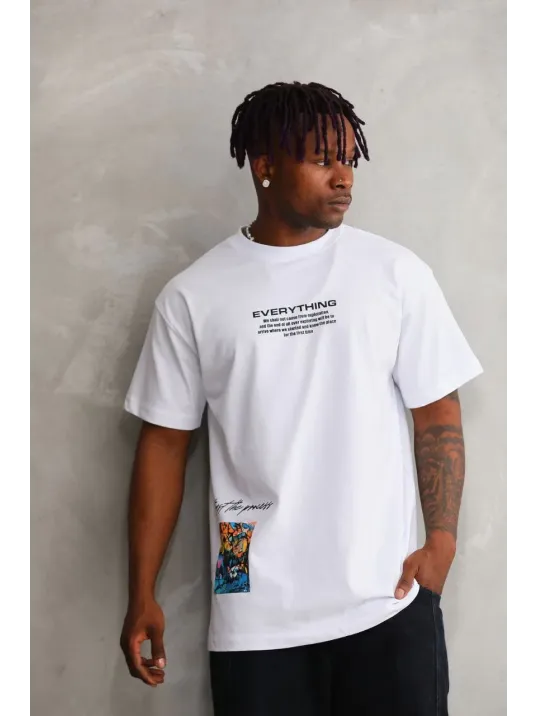 Unisex Bisiklet Yaka Baskılı Oversize T-Shirt - Beyaz Unisex Bisiklet Yaka Baskılı Oversize T-Shirt - Beyaz
