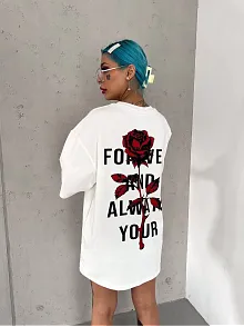 Unisex Bisiklet Yaka Baskılı Oversize T-shirt - Beyaz