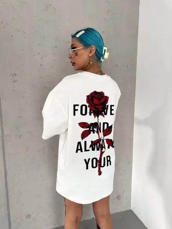 Unisex Bisiklet Yaka Baskılı Oversize T-Shirt - Beyaz Unisex Bisiklet Yaka Baskılı Oversize T-Shirt - Beyaz