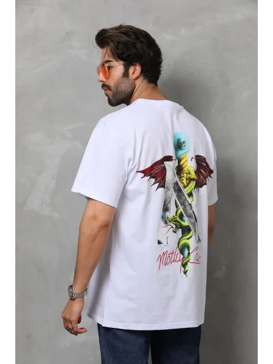 Unisex Bisiklet Yaka Baskılı Oversize T-Shirt - Beyaz Unisex Bisiklet Yaka Baskılı Oversize T-Shirt - Beyaz