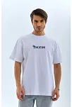 Unisex Bisiklet Yaka Baskılı Oversize T-shirt - Beyaz