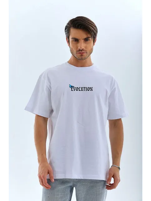 Unisex Bisiklet Yaka Baskılı Oversize T-shirt - Beyaz