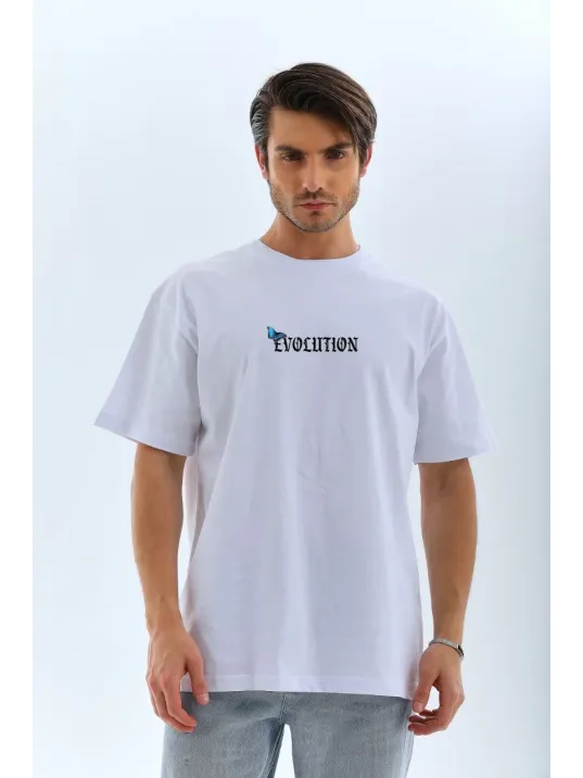 Unisex Bisiklet Yaka Baskılı Oversize T-Shirt - Beyaz Unisex Bisiklet Yaka Baskılı Oversize T-Shirt - Beyaz