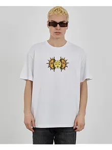 Unisex Bisiklet Yaka Baskılı Oversize T-shirt - Beyaz