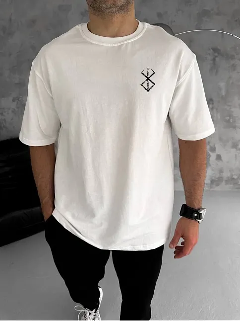 Unisex Bisiklet Yaka Baskılı Oversize T-shirt - Beyaz
