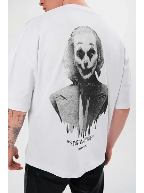 Unisex Bisiklet Yaka Baskılı Oversize T-shirt - Beyaz