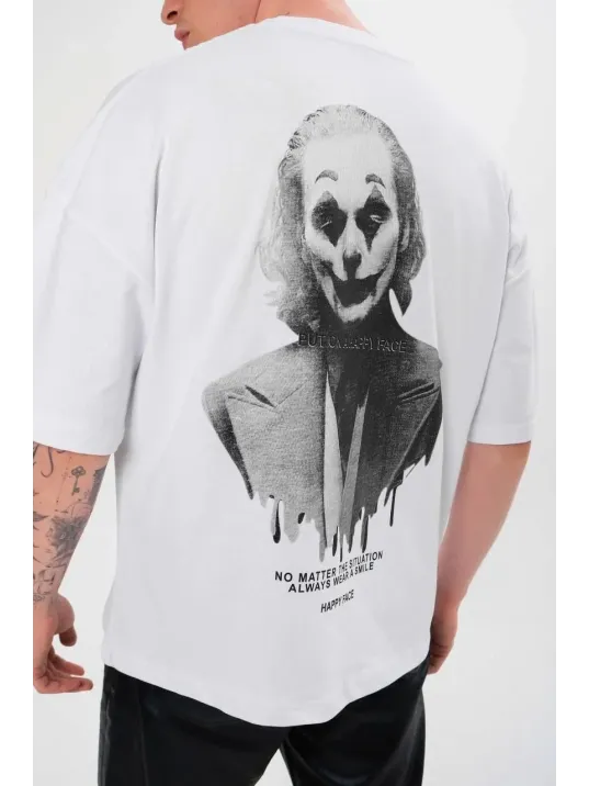 Unisex Bisiklet Yaka Baskılı Oversize T-Shirt - Beyaz Unisex Bisiklet Yaka Baskılı Oversize T-Shirt - Beyaz