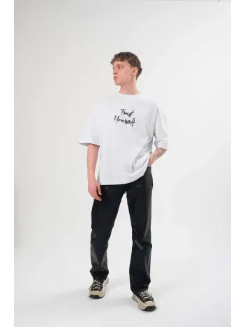 Unisex Bisiklet Yaka Baskılı Oversize T-Shirt - Beyaz Unisex Bisiklet Yaka Baskılı Oversize T-Shirt - Beyaz