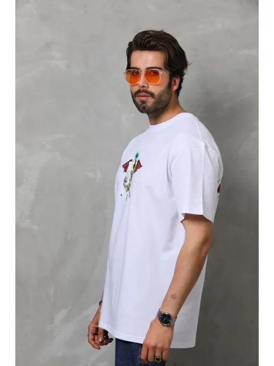 Unisex Bisiklet Yaka Baskılı Oversize T-Shirt - Beyaz Unisex Bisiklet Yaka Baskılı Oversize T-Shirt - Beyaz