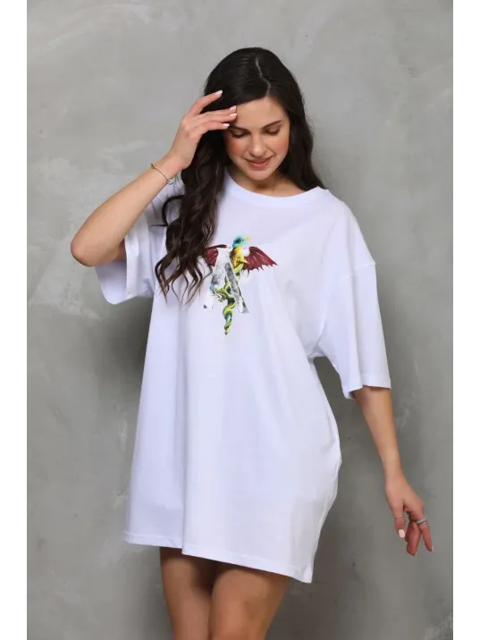 Unisex Bisiklet Yaka Baskılı Oversize T-Shirt - Beyaz Unisex Bisiklet Yaka Baskılı Oversize T-Shirt - Beyaz