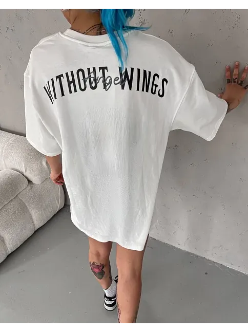 Unisex Bisiklet Yaka Baskılı Oversize T-shirt - Beyaz