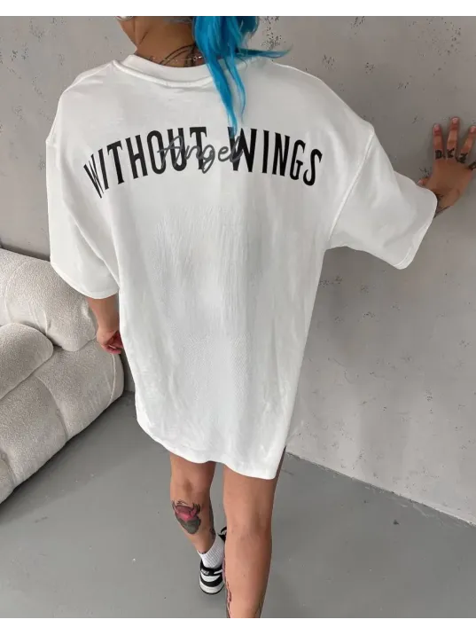 Unisex Bisiklet Yaka Baskılı Oversize T-Shirt - Beyaz